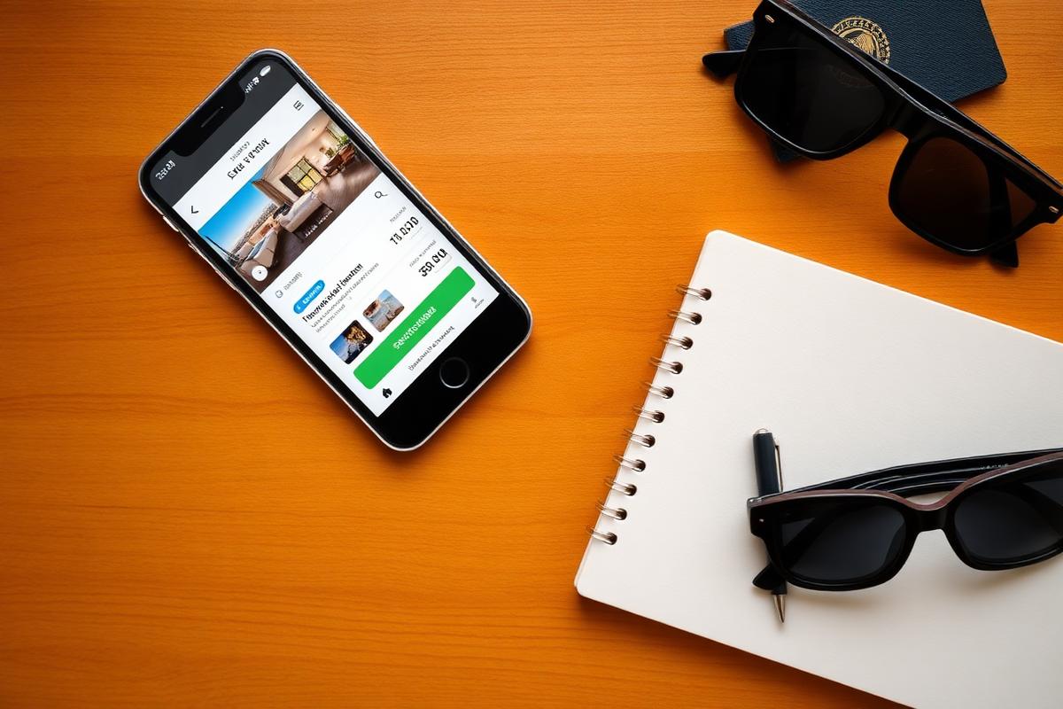 Smartphone showing a hotel booking app on a wooden desk with sunglasses and a notebook