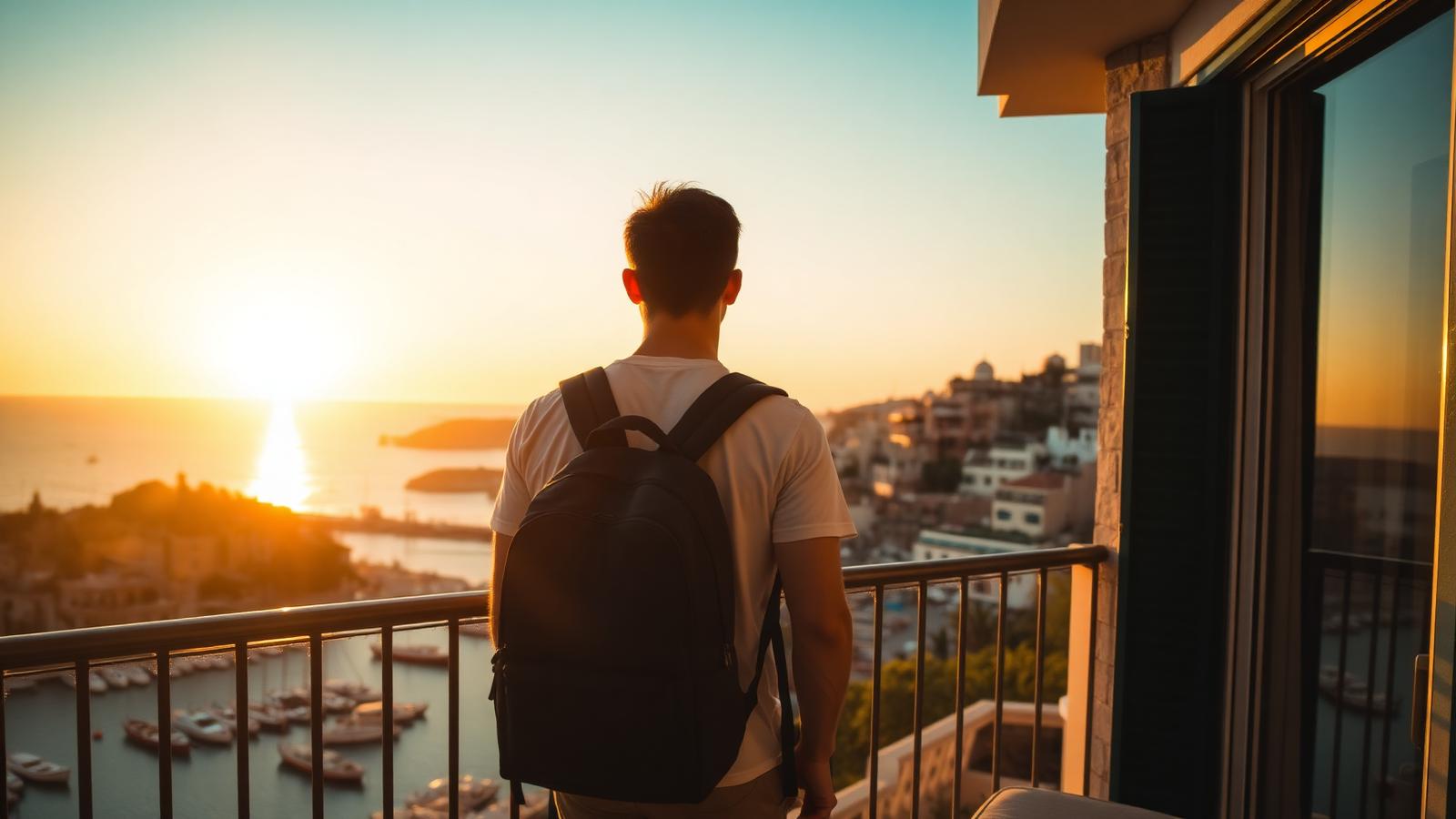 Traveller with a backpack on a hotel balcony overlooking a Mediterranean harbour at sunset